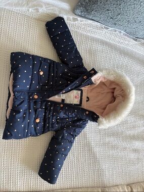 Carter's Navy Coat with Pink Heart Accents and Faux Fur Hood